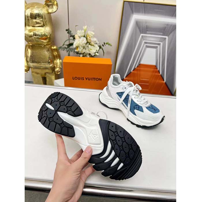Louis Vuitton LV Unisex Run 55 Sneaker Denim Blue Monogram Denim Lifted Rubber