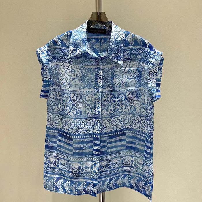 Louis Vuitton LV Men Monogram Tile Short Sleeve Shirt Cotton Blue White Regular Fit
