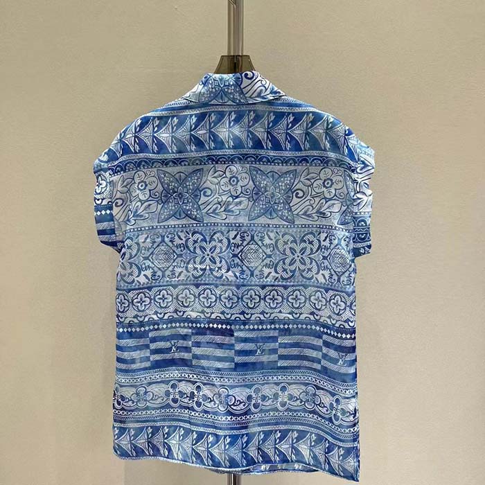 Louis Vuitton LV Men Monogram Tile Short Sleeve Shirt Cotton Blue White Regular Fit