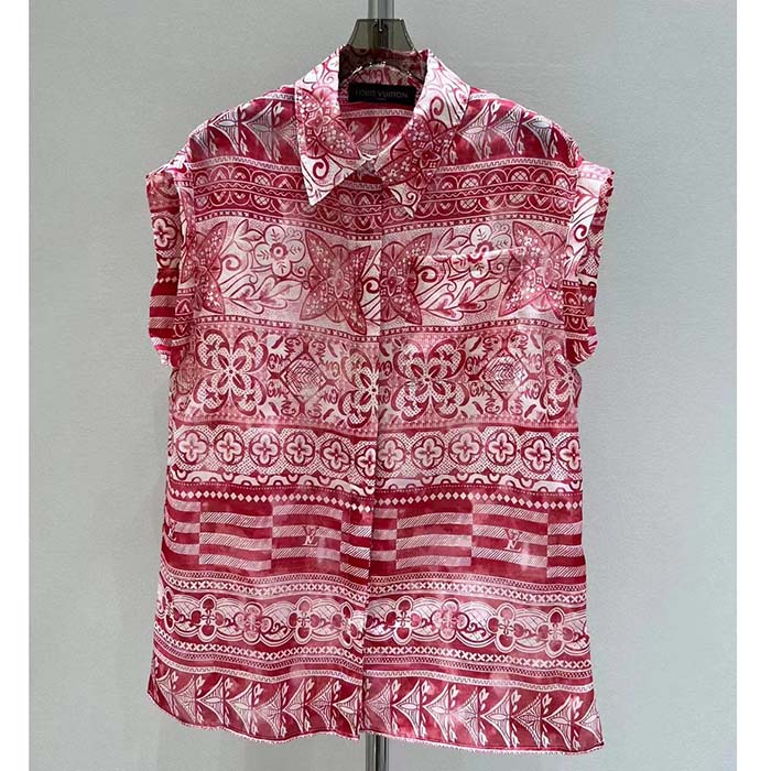 Louis Vuitton LV Men Monogram Tile Short Sleeve Shirt Cotton Red White Regular Fit