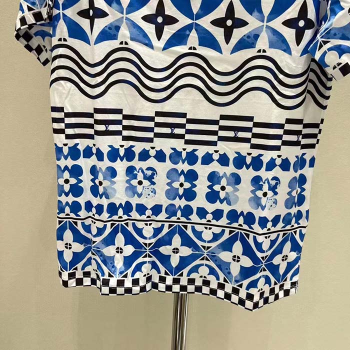 Louis Vuitton LV Men Monogram Tile T-Shirt Cotton Blue White Regular Fit
