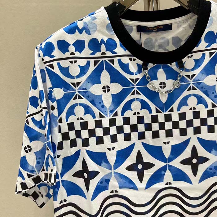 Louis Vuitton LV Men Monogram Tile T-Shirt Cotton Blue White Regular Fit