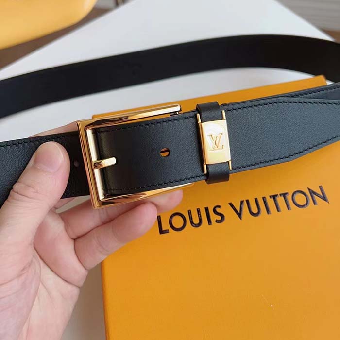 Louis Vuitton Unisex LV City Pin 35MM Belt Black Calf Leather Gold-Color Hardware