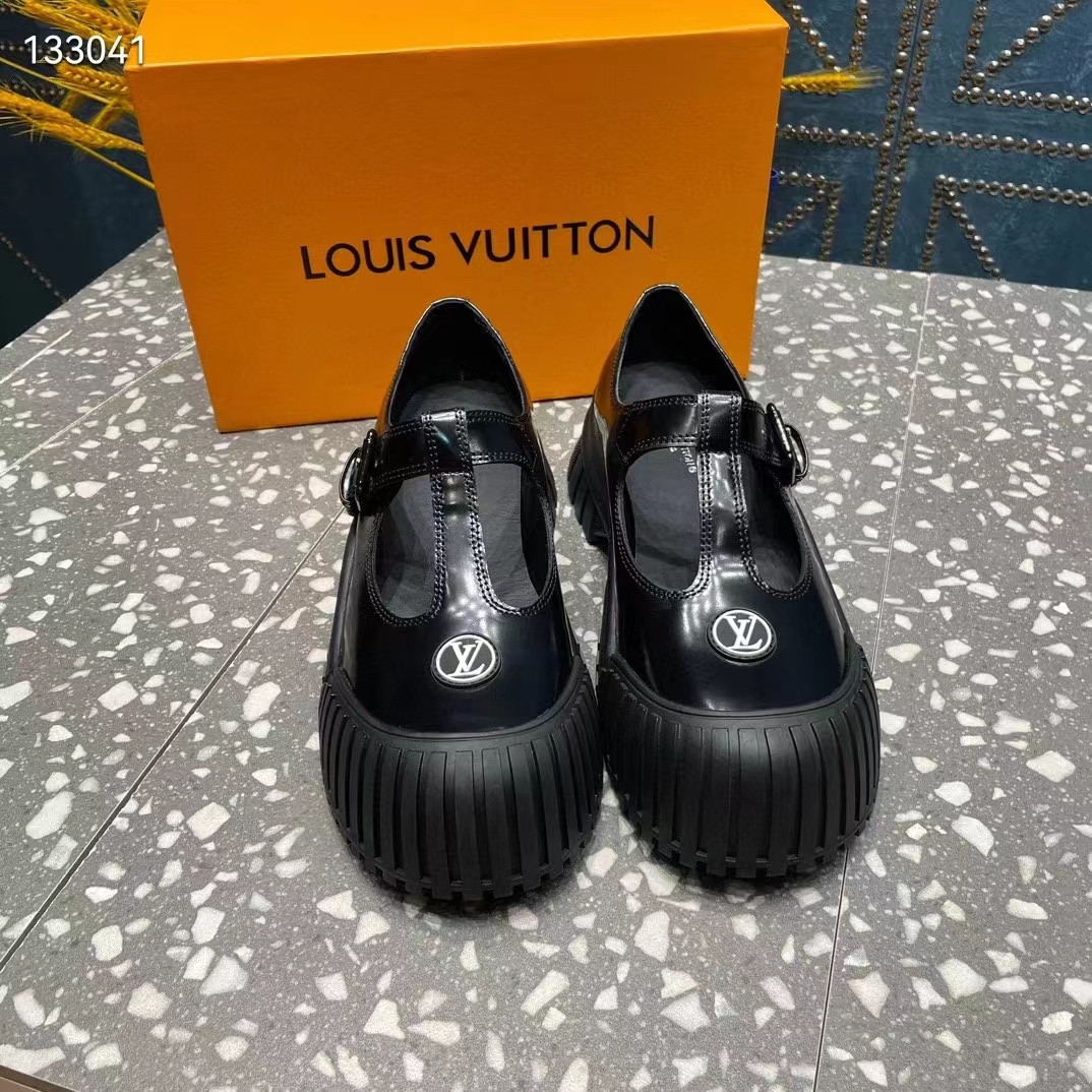 Louis Vuitton Women Ruby Flat Mary Jane Black Calf Leather Rubber LV Circle Signature