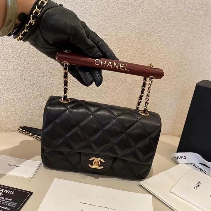 Chanel CC Women Bag Wooden Handle Calfskin Gold-Tone Metal