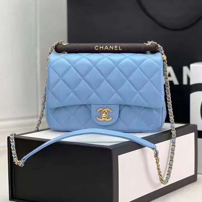 Chanel CC Women Bag Wooden Handle Calfskin Gold-Tone Metal