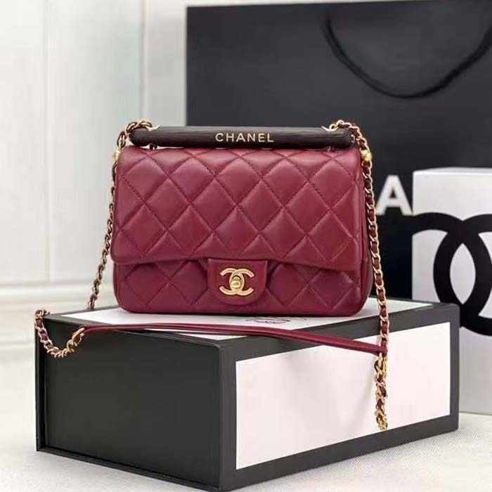 Chanel CC Women Bag Wooden Handle Calfskin Gold-Tone Metal