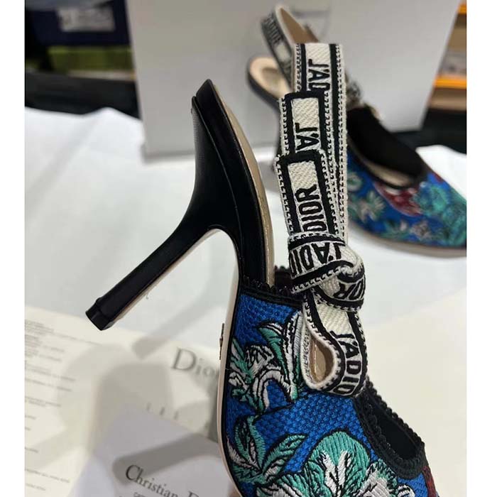 Dior CD Women J’Adior Slingback Pump Cobalt Blue Multicolor Embroidered Cotton Toile De Jouy Voyage
