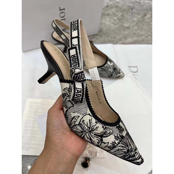 Dior CD Women J’Adior Slingback Pump White Black Embroidered Cotton Toile De Jouy Voyage