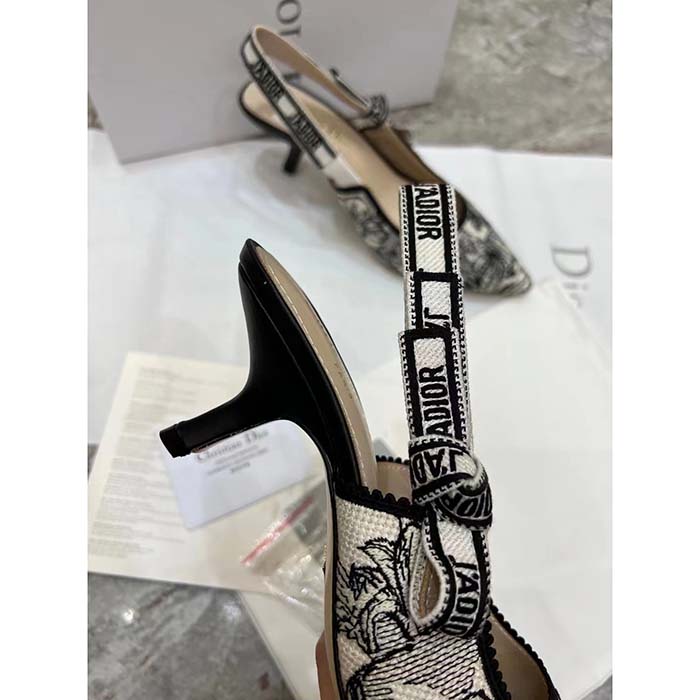 Dior CD Women J’Adior Slingback Pump White Black Embroidered Cotton Toile De Jouy Voyage