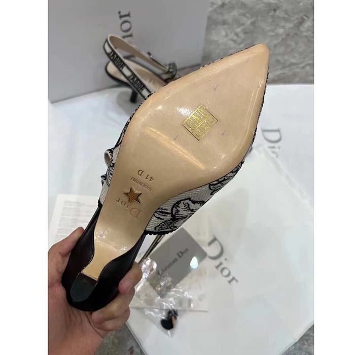 Dior CD Women J’Adior Slingback Pump White Black Embroidered Cotton Toile De Jouy Voyage