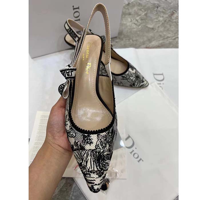 Dior CD Women J’Adior Slingback Pump White Black Embroidered Cotton Toile De Jouy Voyage