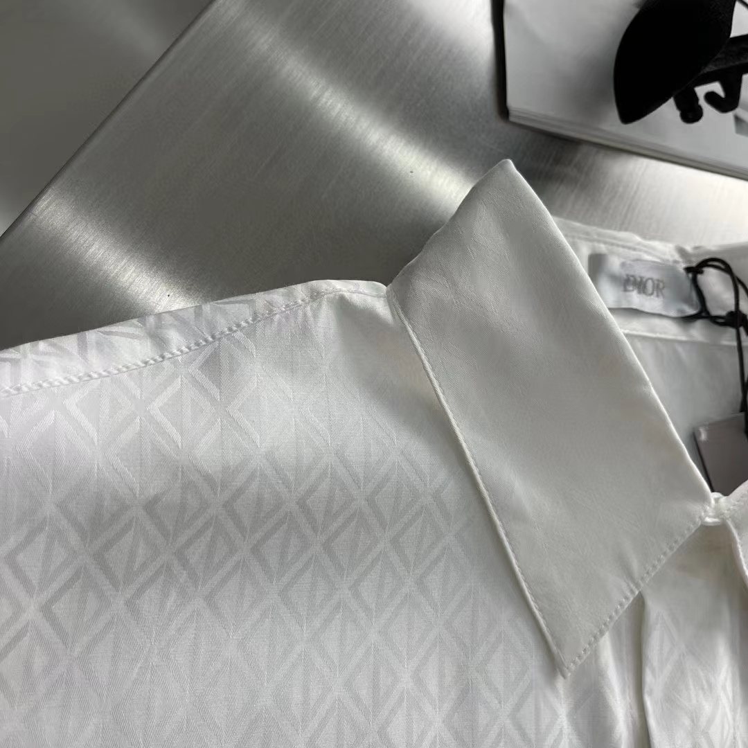 dior men cd Di*m*nd shirt white silk-blend jacquard all-over shirttail hem viscose silk