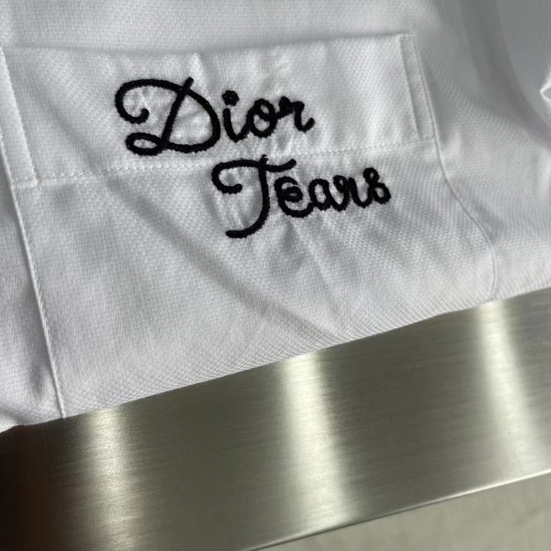 dior men cd Di*m*nd tears short-sleeved shirt white cotton piqué cotton straight hem side vents