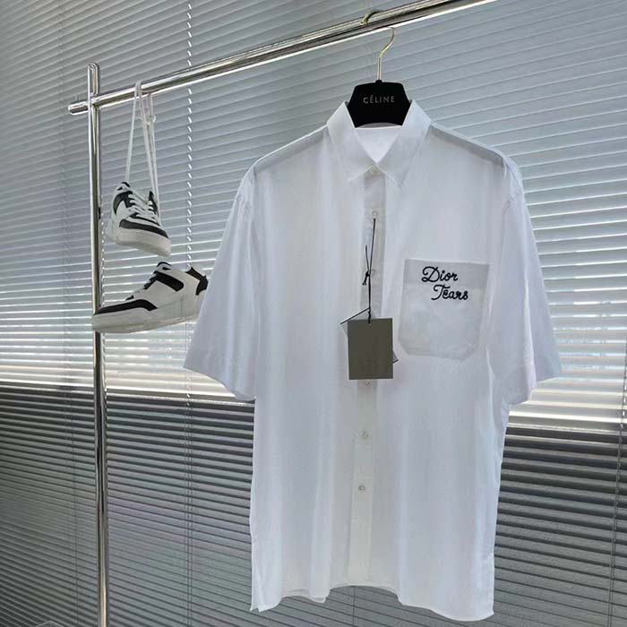 dior men cd Di*m*nd tears short-sleeved shirt white cotton piqué cotton straight hem side vents