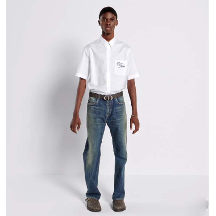 dior men cd Di*m*nd tears short-sleeved shirt white cotton piqué cotton straight hem side vents