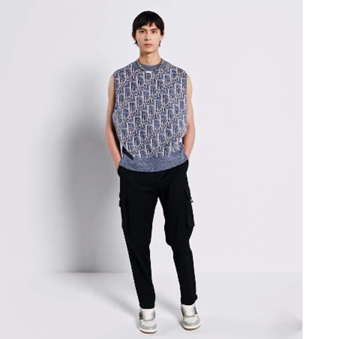 Dior Men CD Dior Oblique Sleeveless Sweater Blue Wool Jacquard Ribbed Round Neck Hem
