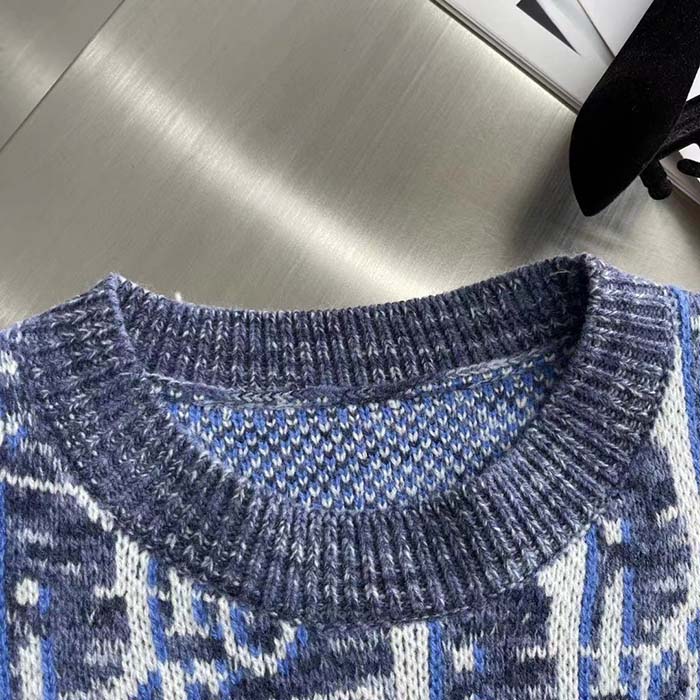 Dior Men CD Dior Oblique Sleeveless Sweater Blue Wool Jacquard Ribbed Round Neck Hem