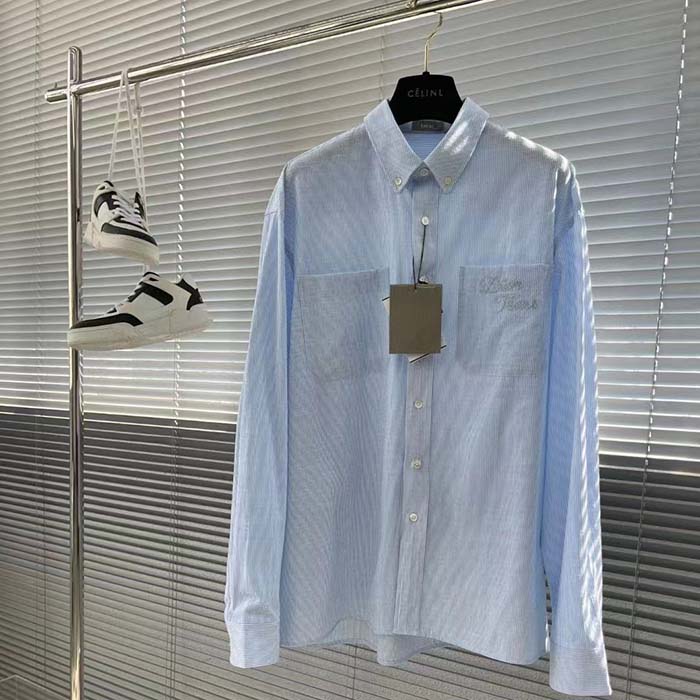 Dior Men CD Dior Tears Shirt Blue Striped Cotton Oxford Straight Hem Side Vents Cotton