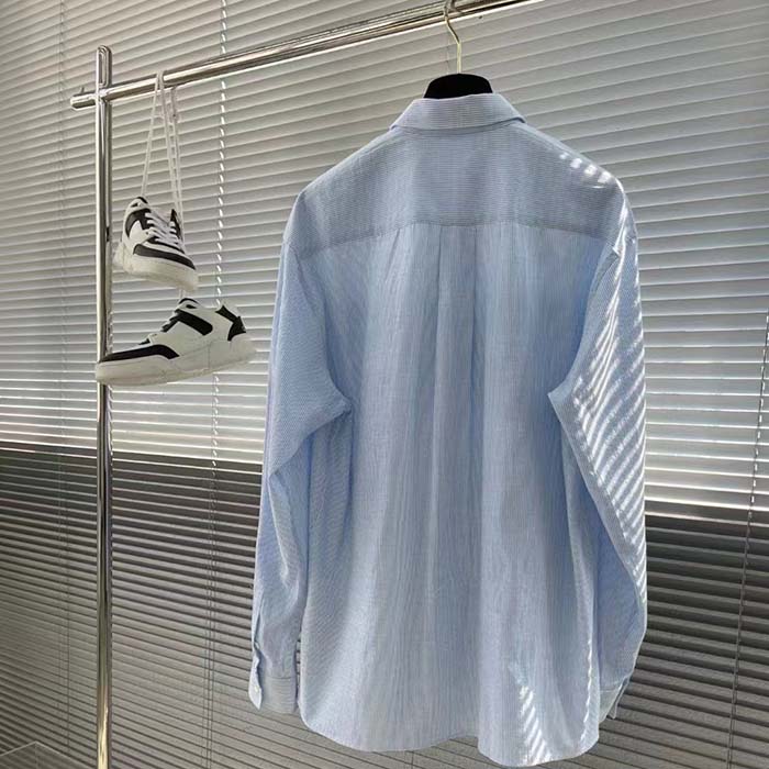 Dior Men CD Dior Tears Shirt Blue Striped Cotton Oxford Straight Hem Side Vents Cotton