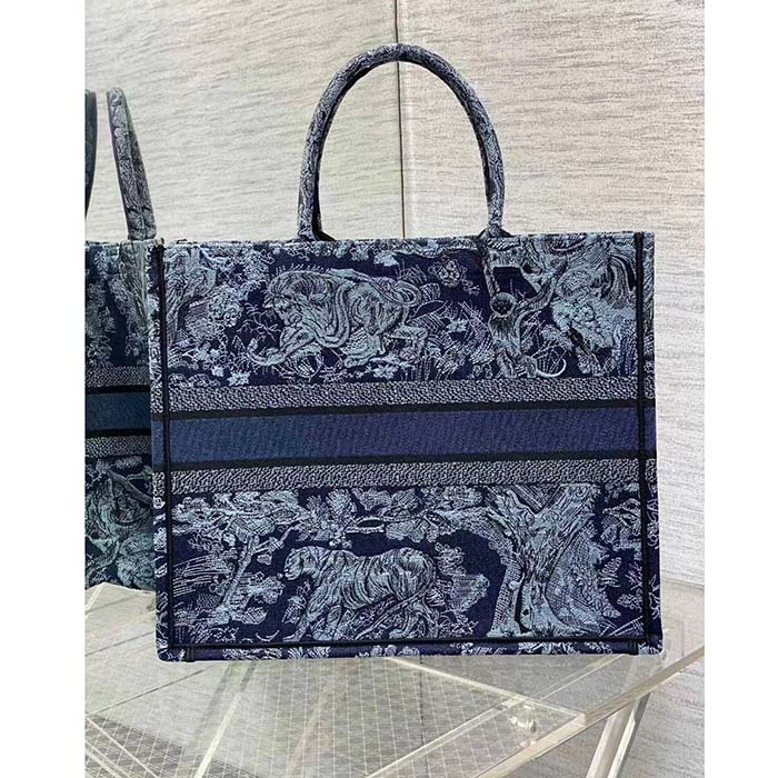 Dior Unisex CD Medium Book Tote Denim Blue Toile De Jouy Embroidery