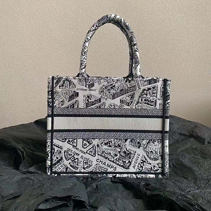 Dior Unisex CD Medium Book Tote White Black Plan De Paris Embroidery