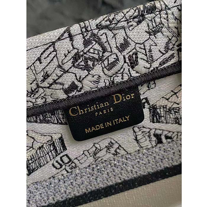 Dior Unisex CD Medium Book Tote White Black Plan De Paris Embroidery