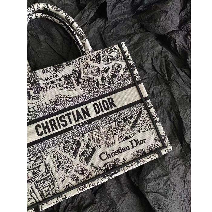 Dior Unisex CD Medium Book Tote White Black Plan De Paris Embroidery