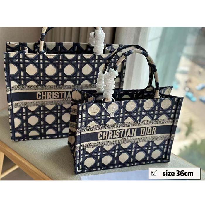 Dior Unisex CD Medium Dior Book Tote Beige Blue Macrocannage Embroidery