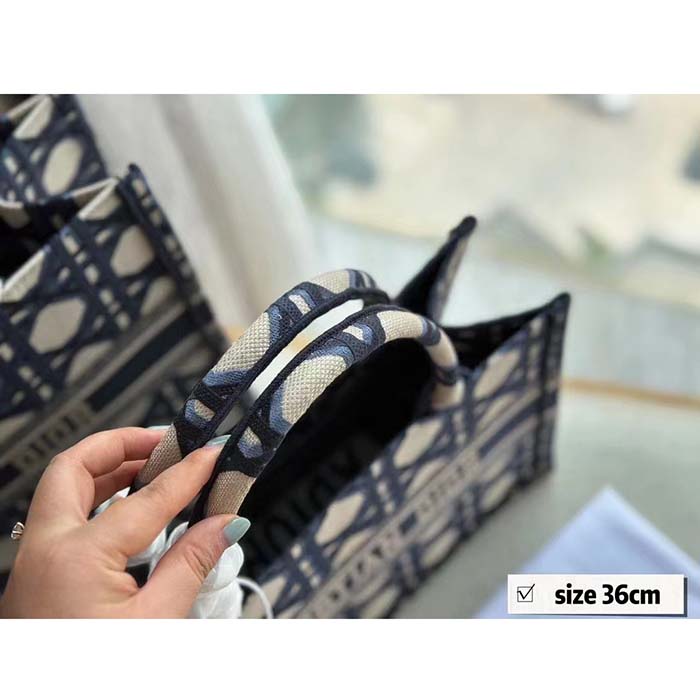 Dior Unisex CD Medium Dior Book Tote Beige Blue Macrocannage Embroidery
