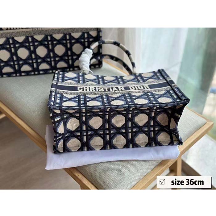 Dior Unisex CD Medium Dior Book Tote Beige Blue Macrocannage Embroidery