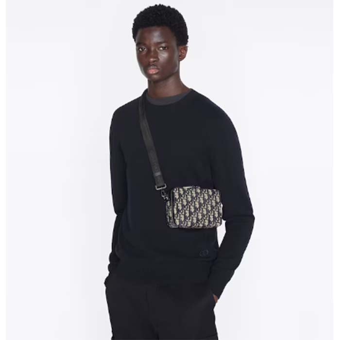 Dior Unisex CD Pouch Strap Beige Black Dior Oblique Jacquard Double Zipped Pocket