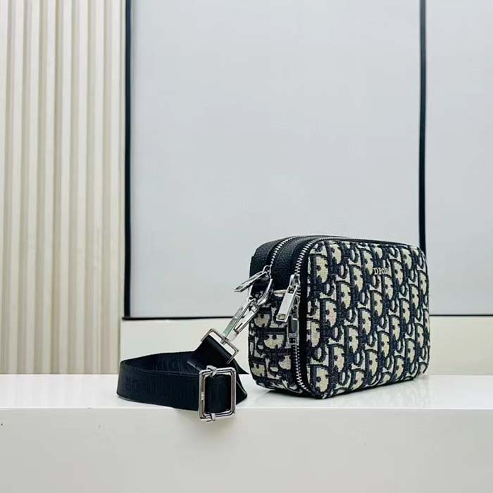 Dior Unisex CD Pouch Strap Beige Black Dior Oblique Jacquard Double Zipped Pocket