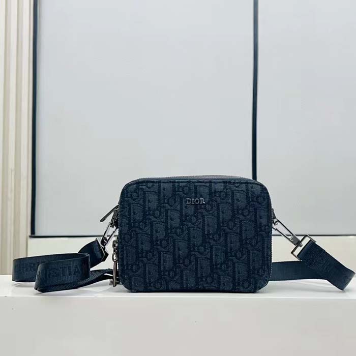 Dior Unisex CD Pouch Strap Black Dior Oblique Jacquard Double Zipped Pocket