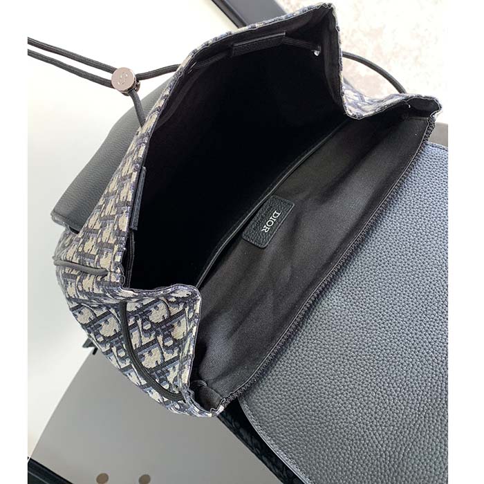 Dior Unisex CD Saddle Backpack Beige Black Dior Oblique Jacquard Black Grained Calfskin