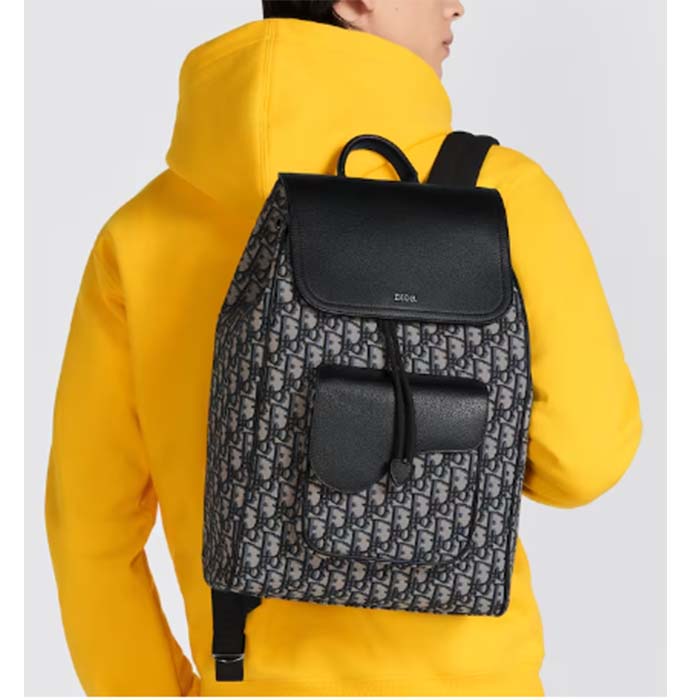Dior Unisex CD Saddle Backpack Beige Black Dior Oblique Jacquard Black Grained Calfskin