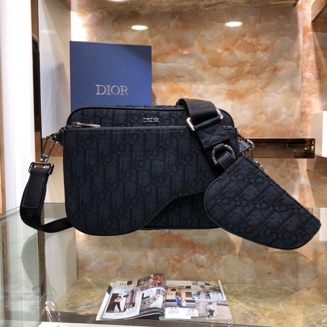 Dior Unisex CD Saddle Triple Pouch Black Dior Oblique Jacquard