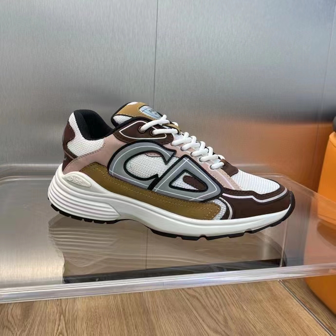 Dior Unisex Shoes CD B30 Sneaker Gray Mesh Brown Orange Beige Technical Fabric