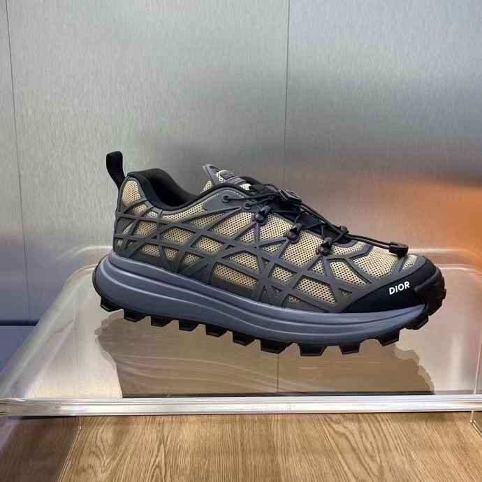 Dior Unisex Shoes CD B31 Runner Sneaker Brown Technical Mesh Deep Gray Rubber Warped Cannage