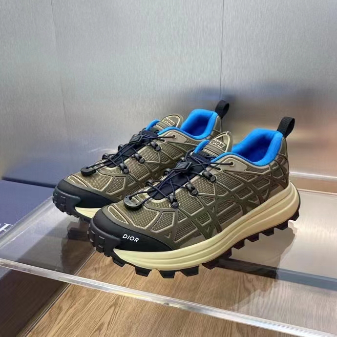 Dior Unisex Shoes CD B31 Runner Sneaker Brown Technical Mesh Khaki Rubber Warped Cannage