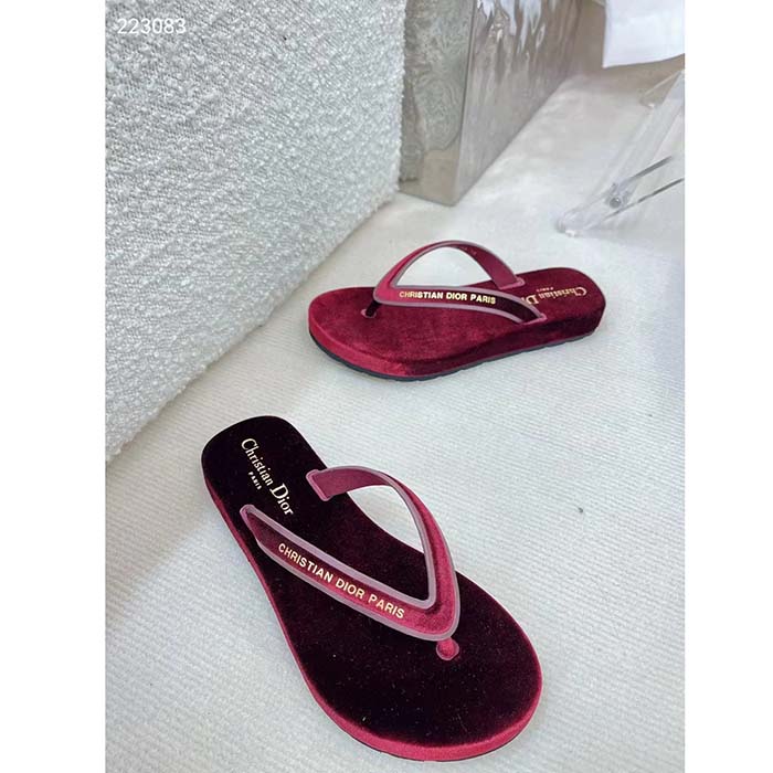Dior Women CD Diorsea Thong Sandal Scarlet Red Velvet Gold-Tone 3 CM Heel