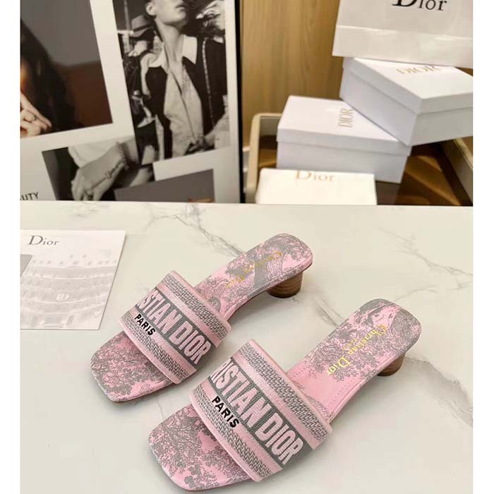 Dior Women CD Dway Heeled Slide Gray Pink Embroidered Cotton Toile De Jouy Reverse