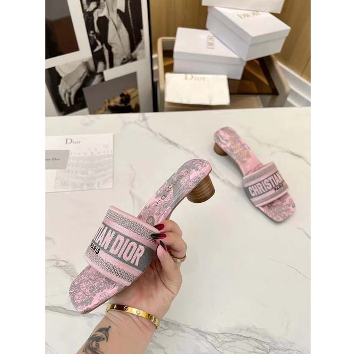 Dior Women CD Dway Heeled Slide Gray Pink Embroidered Cotton Toile De Jouy Reverse