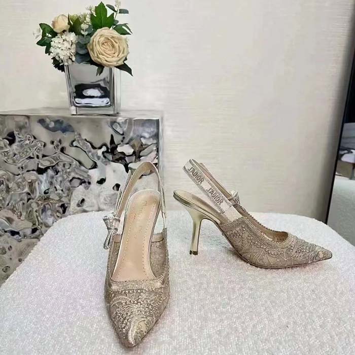 Dior Women CD J’Adior Slingback Pump Transparent Mesh Embroidered Gold-Tone D-Lace Macramé