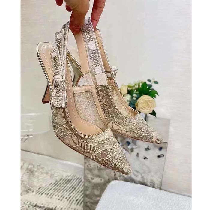 Dior Women CD J’Adior Slingback Pump Transparent Mesh Embroidered Gold-Tone D-Lace Macramé