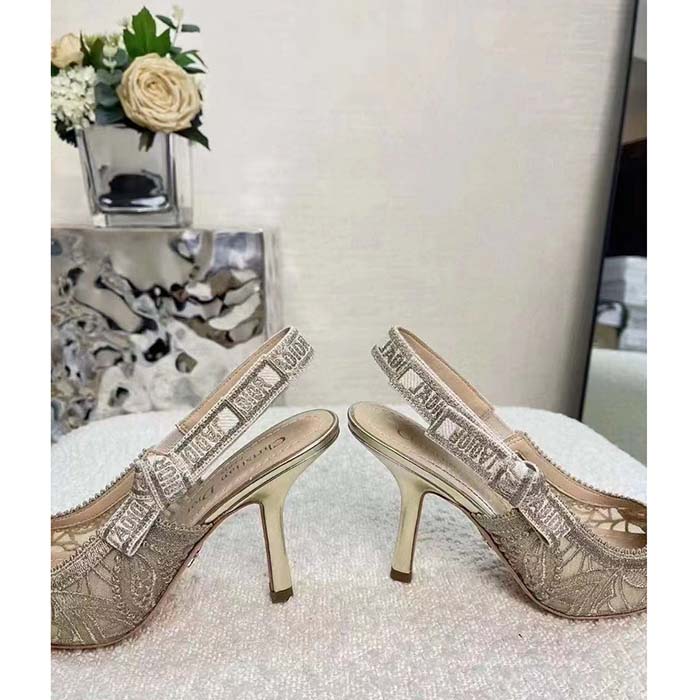 Dior Women CD J’Adior Slingback Pump Transparent Mesh Embroidered Gold-Tone D-Lace Macramé