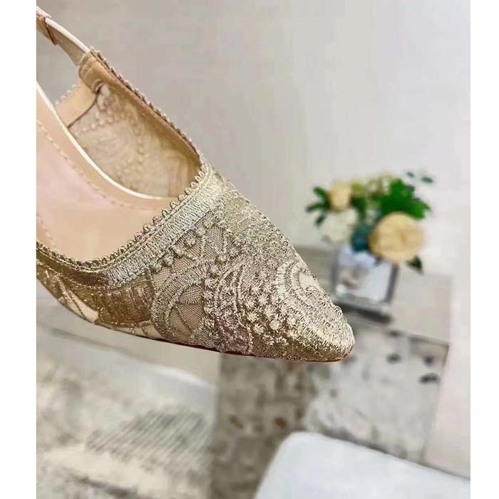 Dior Women CD J’Adior Slingback Pump Transparent Mesh Embroidered Gold-Tone D-Lace Macramé