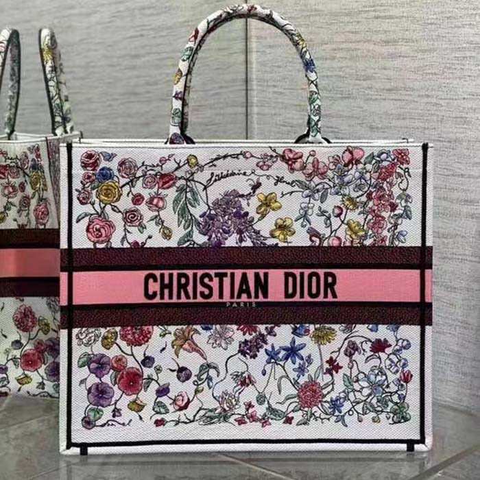 Dior Women CD Large Book Tote White Multicolor Florilegio Embroidery