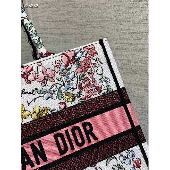 Dior Women CD Medium Book Tote White Multicolor Florilegio Embroidery