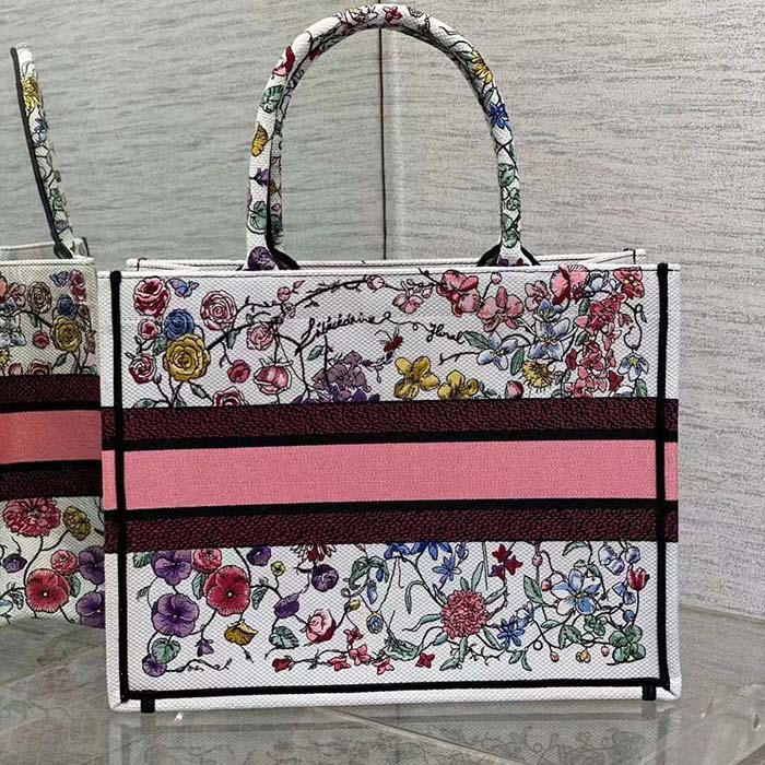Dior Women CD Medium Book Tote White Multicolor Florilegio Embroidery